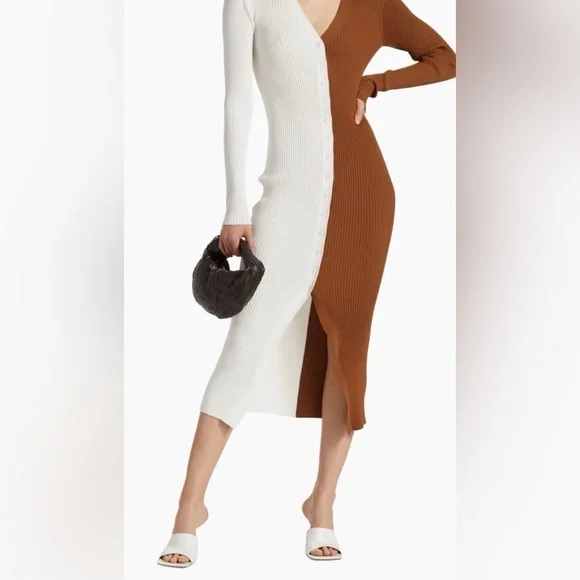 STAUD Two-Tone White and Brown sweaterDress